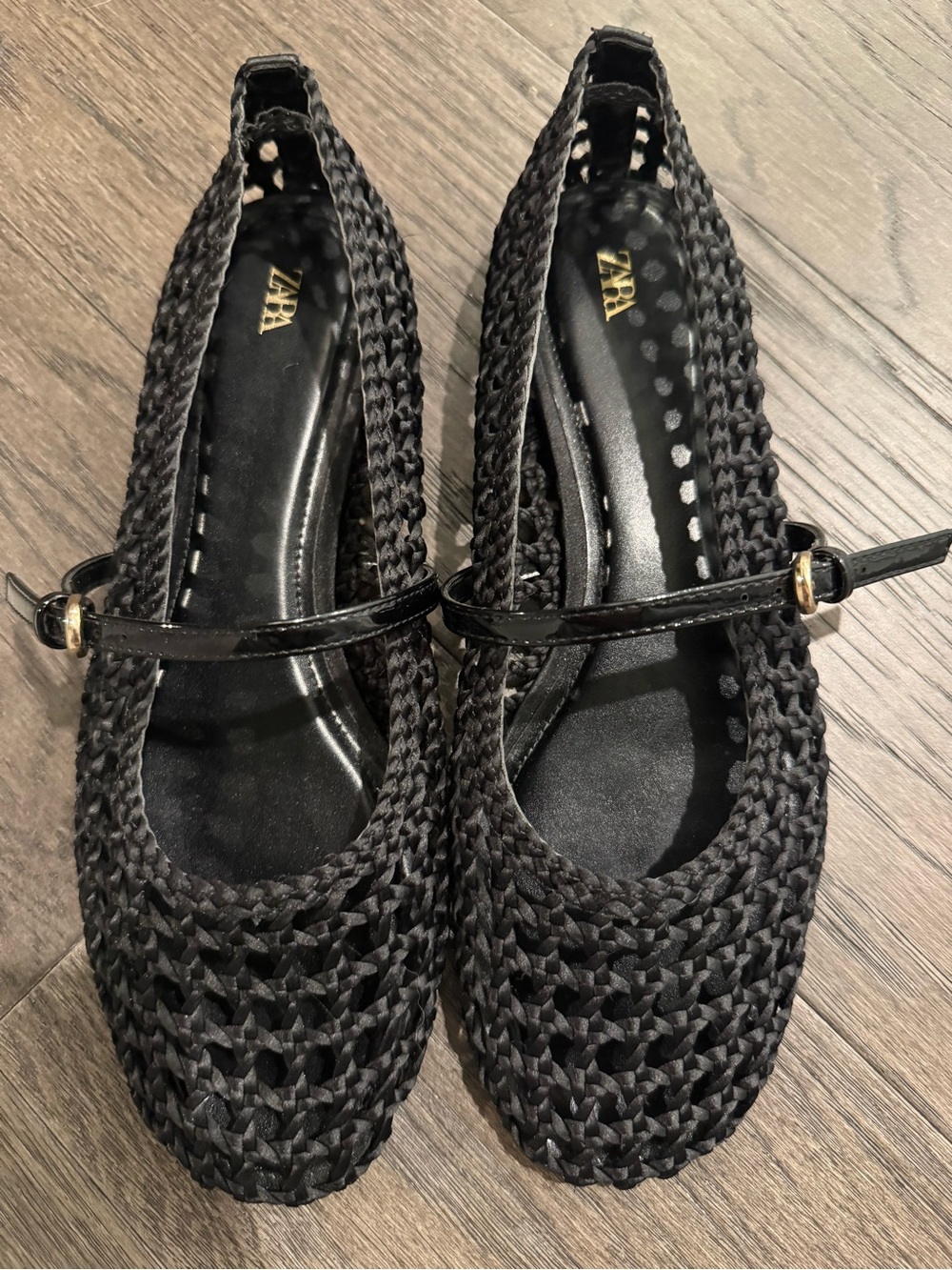 Zara Black Woven Mary Jane Flats with Ankle Strap